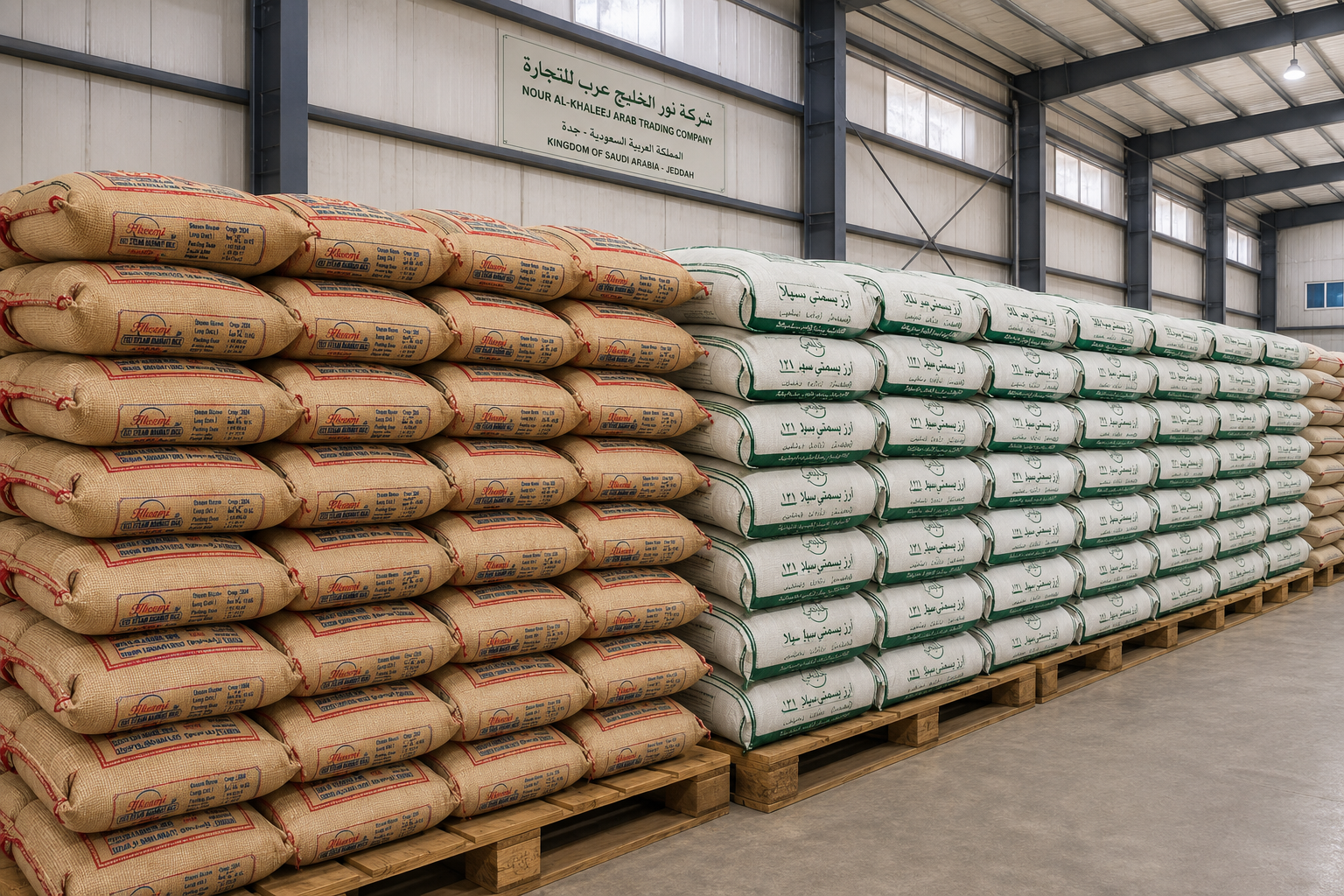 Warehouse with stacked rice sacks